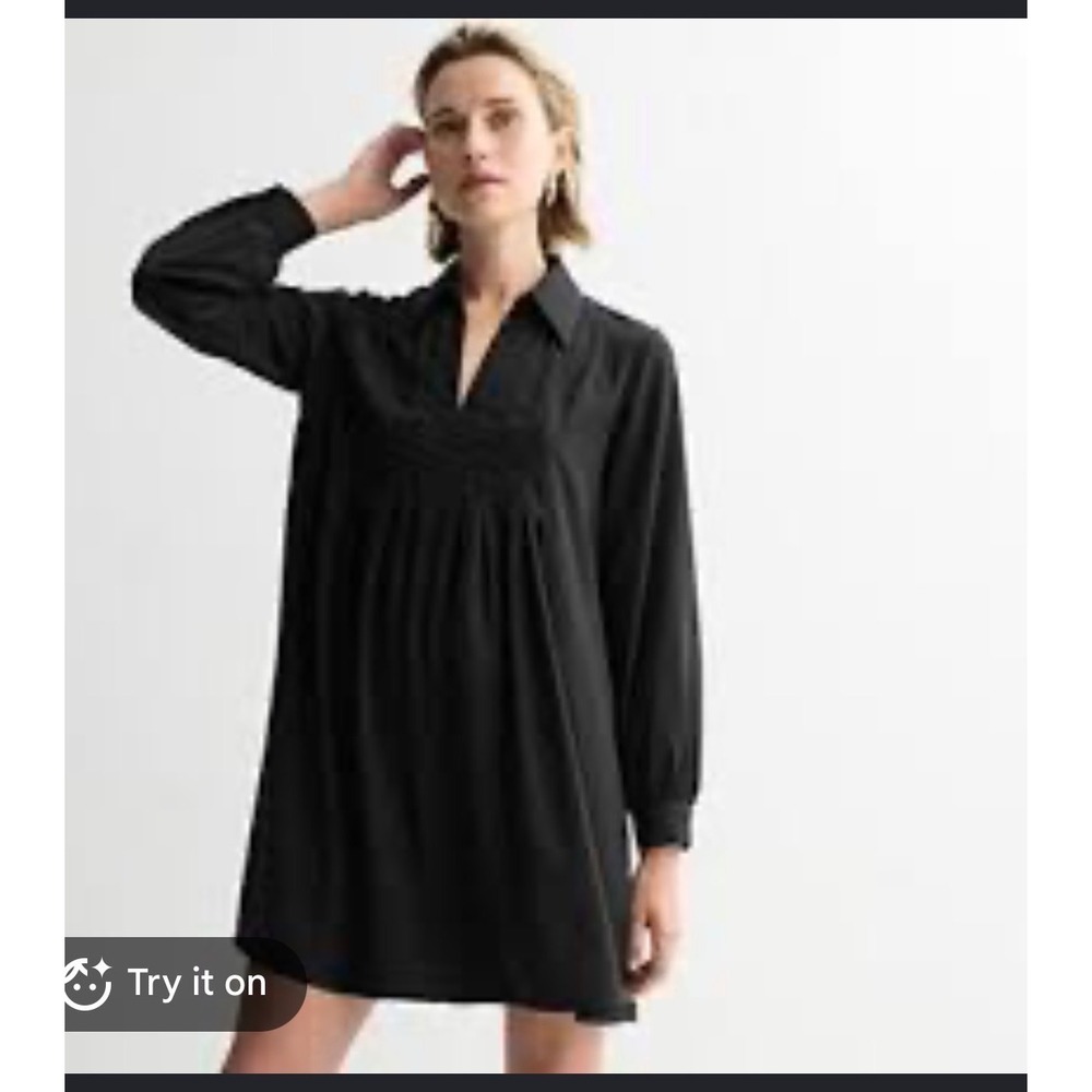 Nine West Womens PXL Black Pintuck V-Neck Collared Long Sleeve Mini Dress NEW